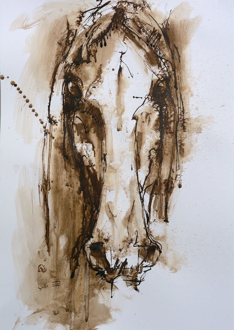 Face to Face 6a - Expressive Ink Equine Portrait Art by Bénédicte Gelé